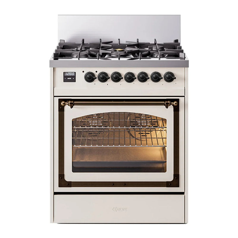 ILVE Nostalgie II Noblesse 30" Dual Fuel Freestanding Range in Antique White with Burnished Trim, UN30NMPAWBLP