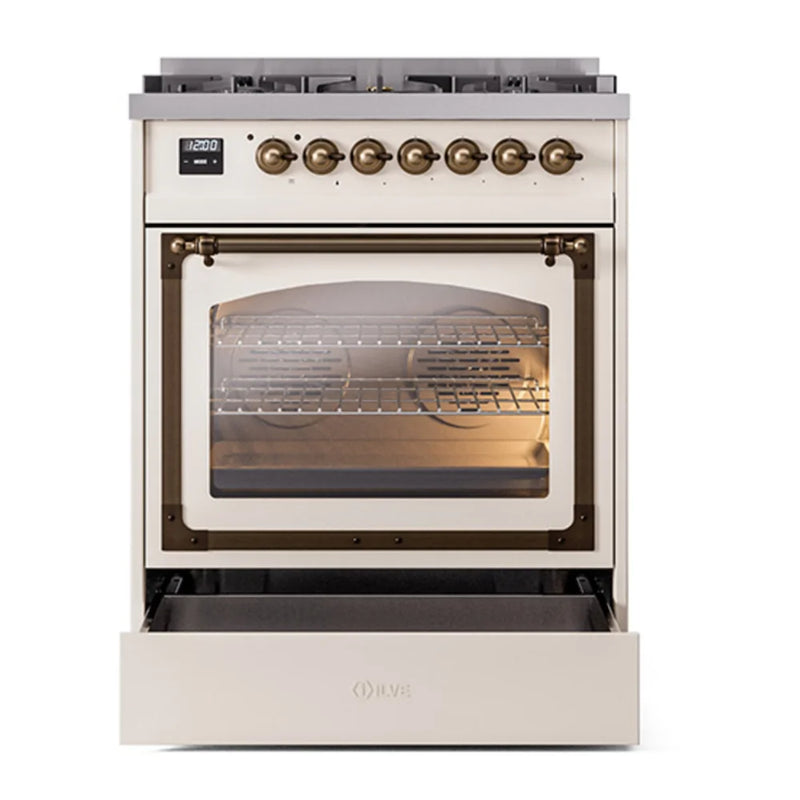 ILVE Nostalgie II Noblesse 30" Dual Fuel Freestanding Range in Antique White with Burnished Trim, UN30NMPAWBLP