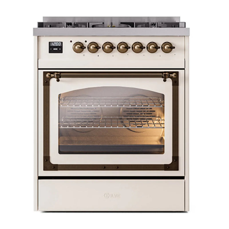 ILVE Nostalgie II Noblesse 30" Dual Fuel Freestanding Range in Antique White with Burnished Trim, UN30NMPAWB
