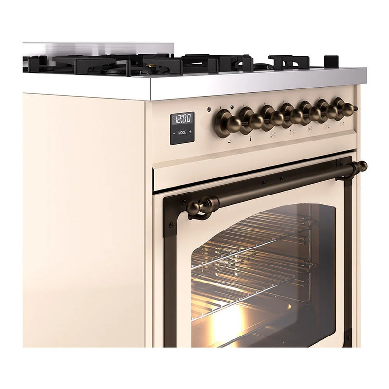 ILVE Nostalgie II Noblesse 30" Dual Fuel Freestanding Range in Antique White with Burnished Trim, UN30NMPAWB