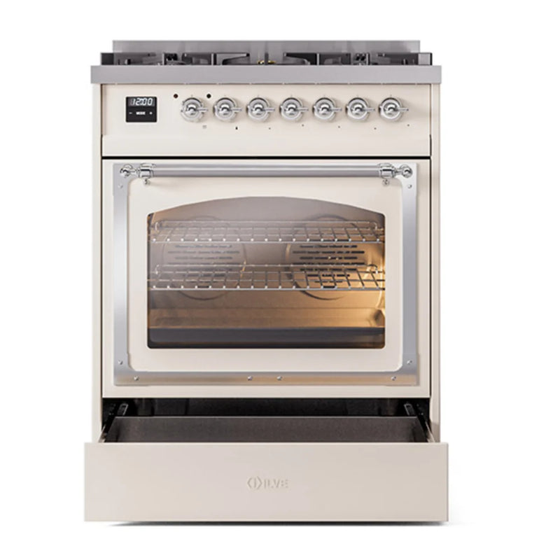 ILVE Nostalgie II Noblesse 30" Dual Fuel Freestanding Range in Antique White with Chrome Trim, UN30NMPAWCLP