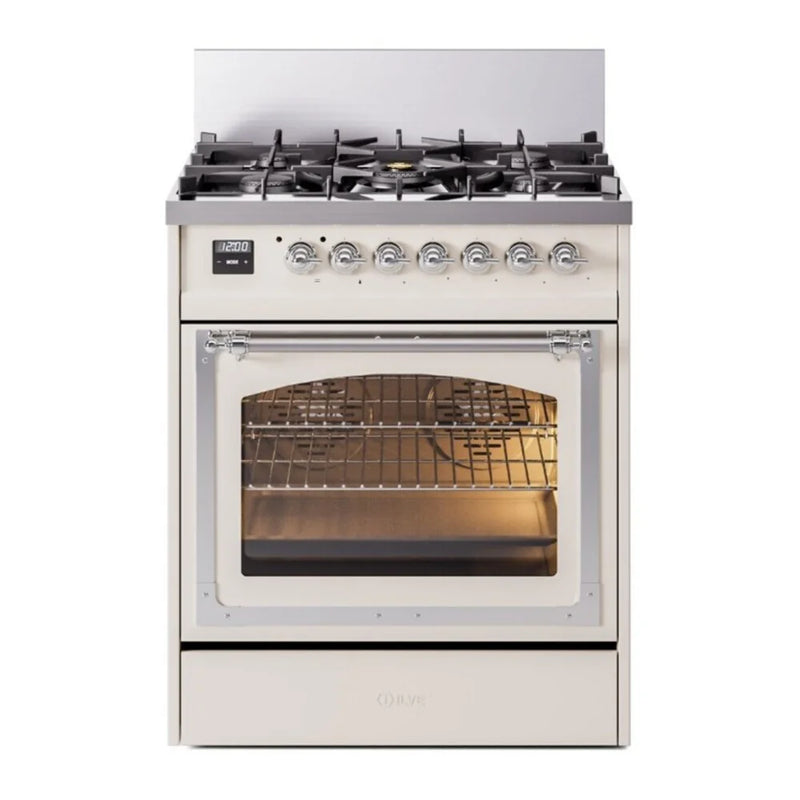 ILVE Nostalgie II Noblesse 30" Dual Fuel Freestanding Range in Antique White with Chrome Trim, UN30NMPAWC