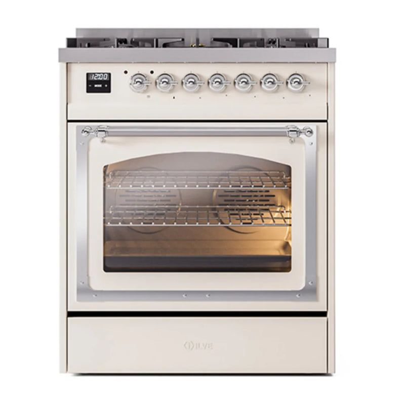ILVE Nostalgie II Noblesse 30" Dual Fuel Freestanding Range in Antique White with Chrome Trim, UN30NMPAWC