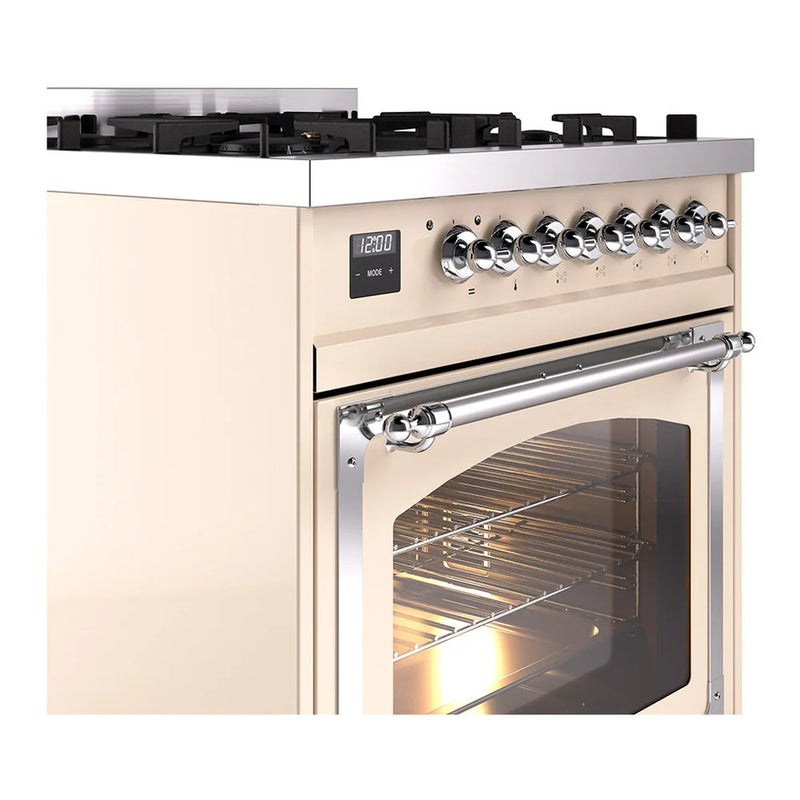 ILVE Nostalgie II Noblesse 30" Dual Fuel Freestanding Range in Antique White with Chrome Trim, UN30NMPAWC