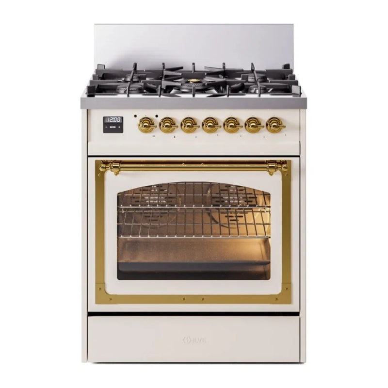 ILVE Nostalgie II Noblesse 30" Dual Fuel Freestanding Range in Antique White with Brass Trim, UN30NMPAWGLP