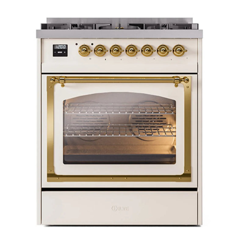 ILVE Nostalgie II Noblesse 30" Dual Fuel Freestanding Range in Antique White with Brass Trim, UN30NMPAWGLP