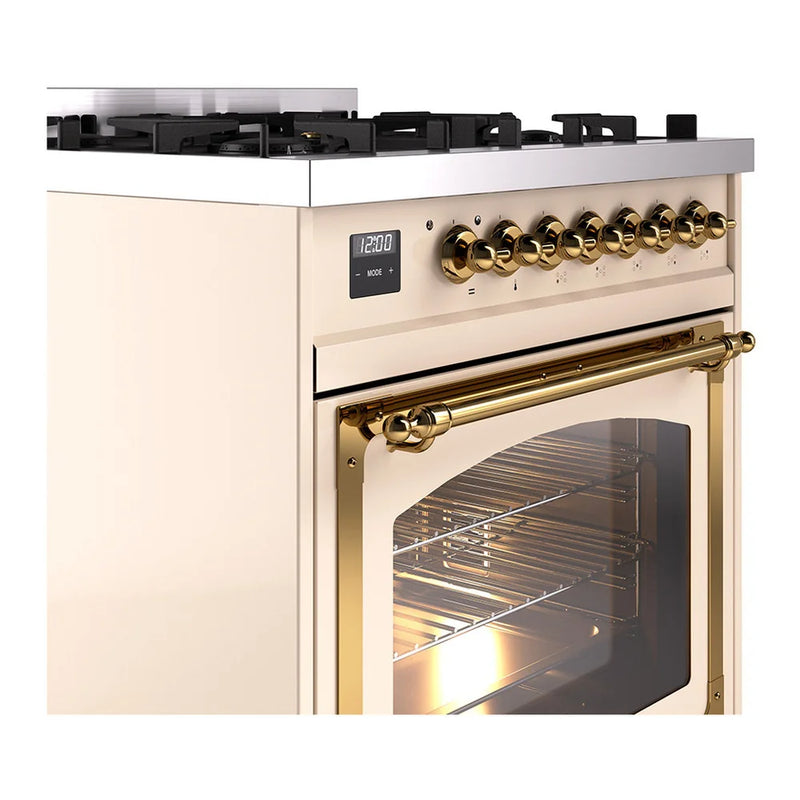 ILVE Nostalgie II Noblesse 30" Dual Fuel Freestanding Range in Antique White with Brass Trim, UN30NMPAWGLP
