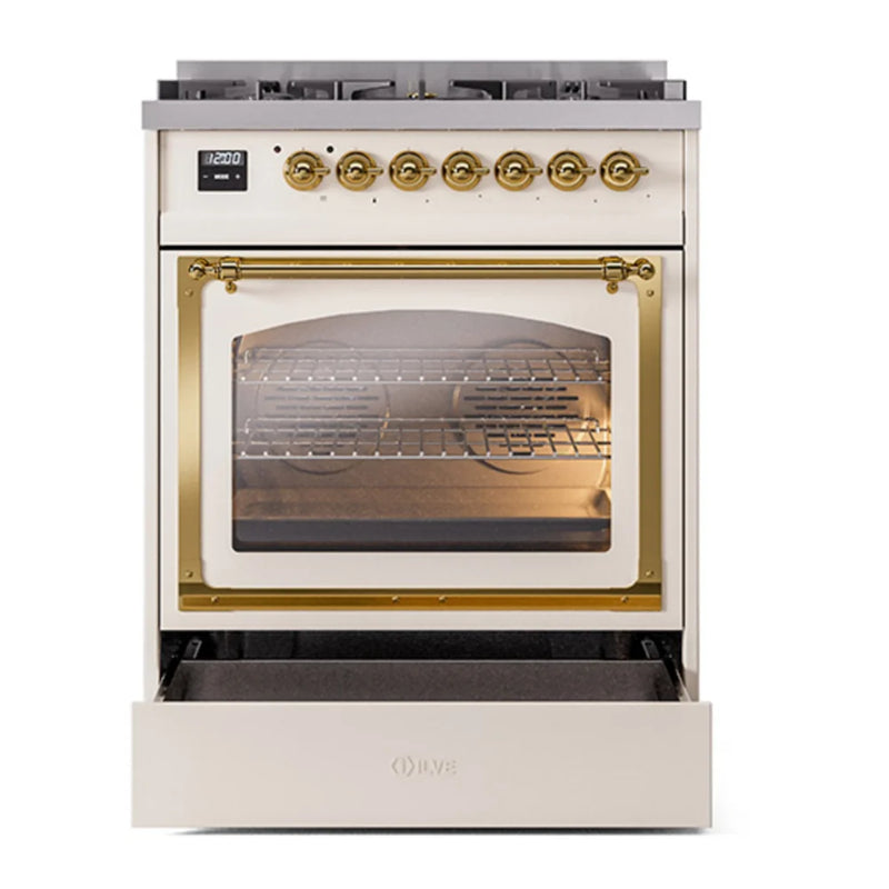 ILVE Nostalgie II Noblesse 30" Dual Fuel Freestanding Range in Antique White with Brass Trim, UN30NMPAWG