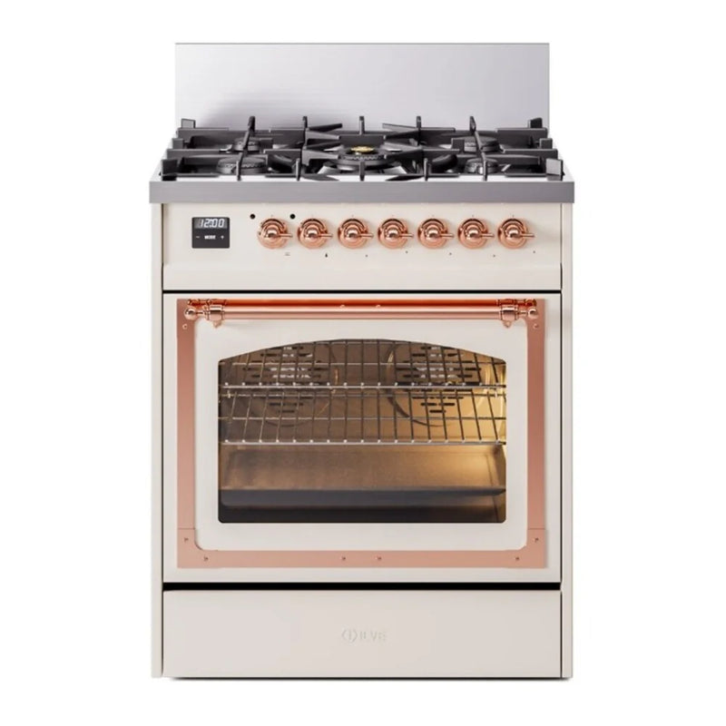 ILVE Nostalgie II Noblesse 30" Dual Fuel Freestanding Range in Antique White with Copper Trim, UN30NMPAWPLP