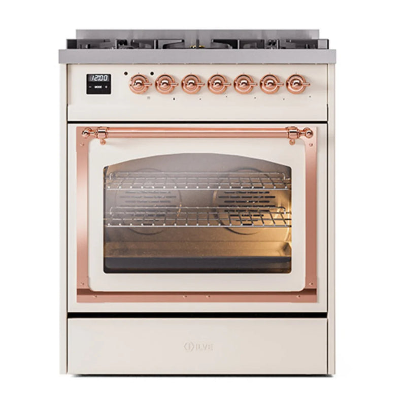ILVE Nostalgie II Noblesse 30" Dual Fuel Freestanding Range in Antique White with Copper Trim, UN30NMPAWPLP