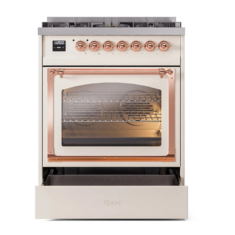ILVE Nostalgie II Noblesse 30" Dual Fuel Freestanding Range in Antique White with Copper Trim, UN30NMPAWPLP