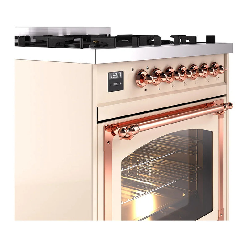 ILVE Nostalgie II Noblesse 30" Dual Fuel Freestanding Range in Antique White with Copper Trim, UN30NMPAWP
