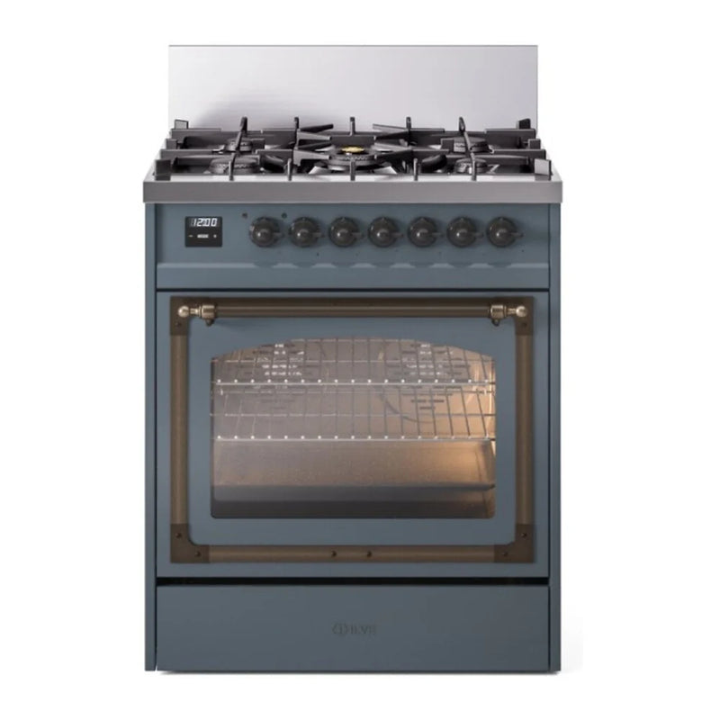 ILVE Nostalgie II Noblesse 30" Dual Fuel Freestanding Range in Blue Grey with Burnished Trim, UN30NMPBGB