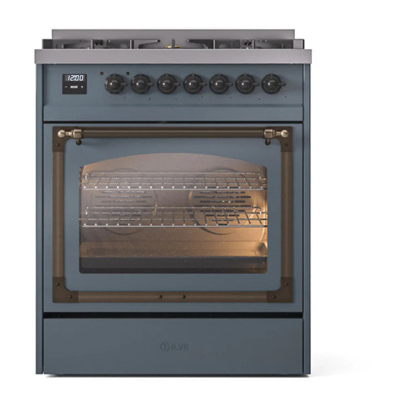 ILVE Nostalgie II Noblesse 30" Dual Fuel Freestanding Range in Blue Grey with Burnished Trim, UN30NMPBGB