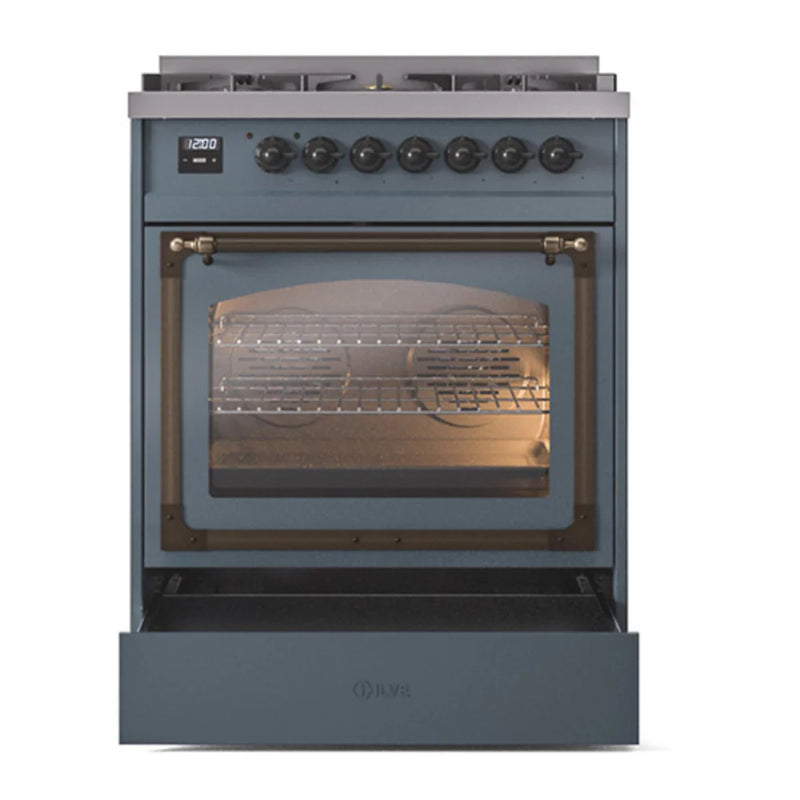 ILVE Nostalgie II Noblesse 30" Dual Fuel Freestanding Range in Blue Grey with Burnished Trim, UN30NMPBGB