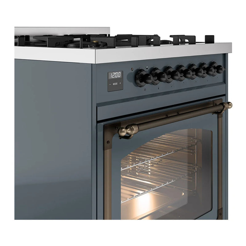 ILVE Nostalgie II Noblesse 30" Dual Fuel Freestanding Range in Blue Grey with Burnished Trim, UN30NMPBGB