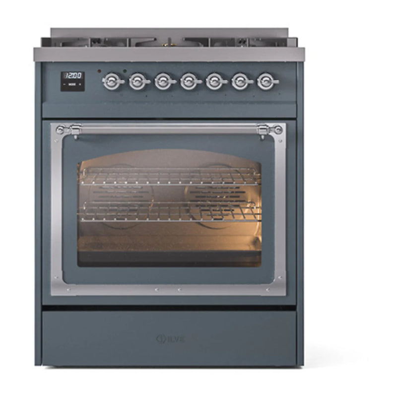 ILVE Nostalgie II Noblesse 30" Dual Fuel Freestanding Range in Blue Grey with Chrome Trim, UN30NMPBGCLP