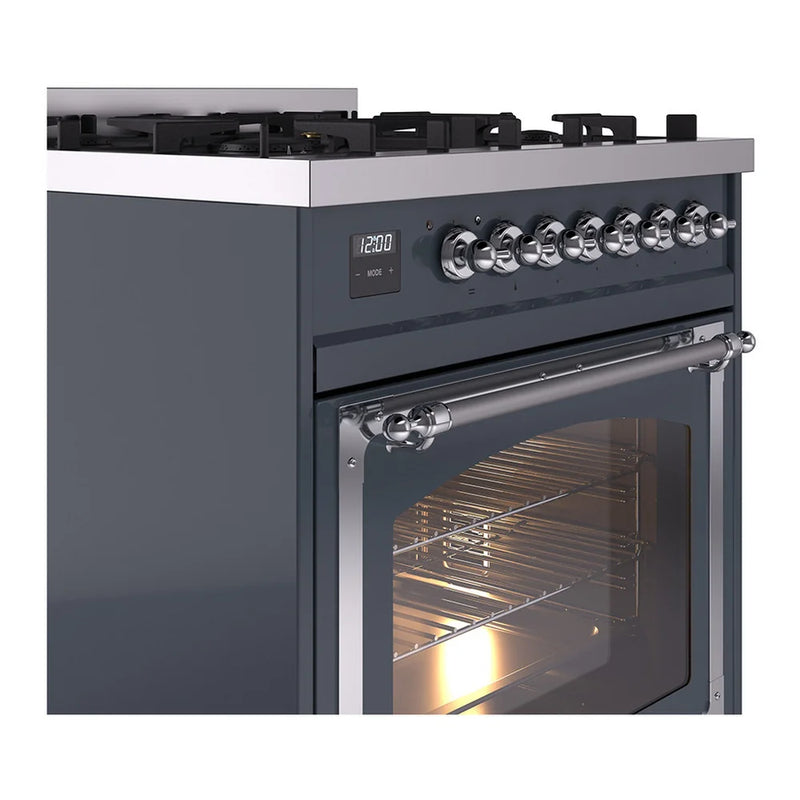 ILVE Nostalgie II Noblesse 30" Dual Fuel Freestanding Range in Blue Grey with Chrome Trim, UN30NMPBGCLP