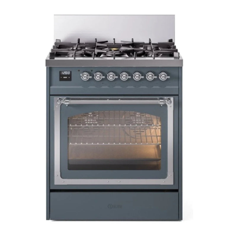ILVE Nostalgie II Noblesse 30" Dual Fuel Freestanding Range in Blue Grey with Chrome Trim, UN30NMPBGC
