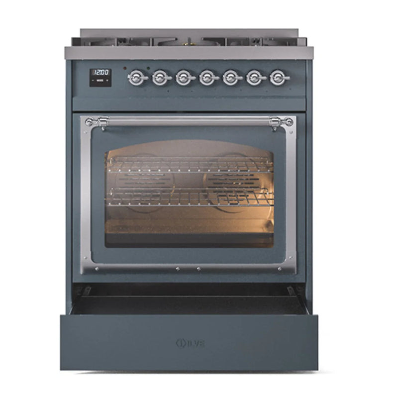 ILVE Nostalgie II Noblesse 30" Dual Fuel Freestanding Range in Blue Grey with Chrome Trim, UN30NMPBGC