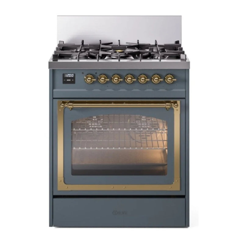 ILVE Nostalgie II Noblesse 30" Dual Fuel Freestanding Range in Blue Grey with Brass Trim, UN30NMPBGGLP
