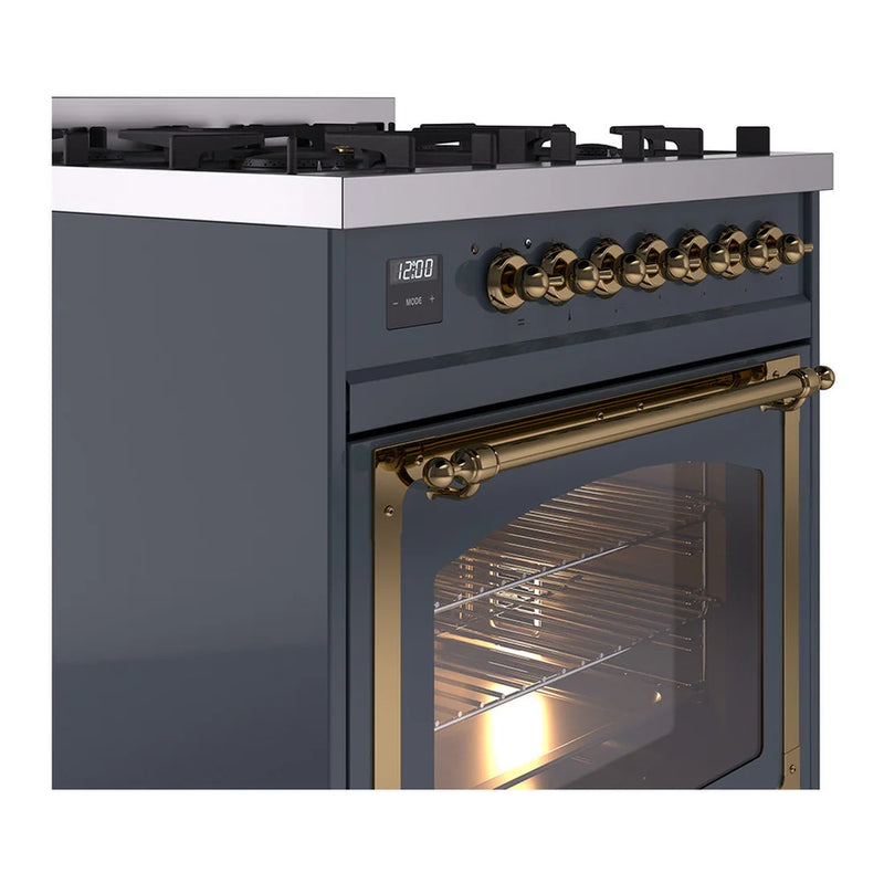 ILVE Nostalgie II Noblesse 30" Dual Fuel Freestanding Range in Blue Grey with Brass Trim, UN30NMPBGGLP