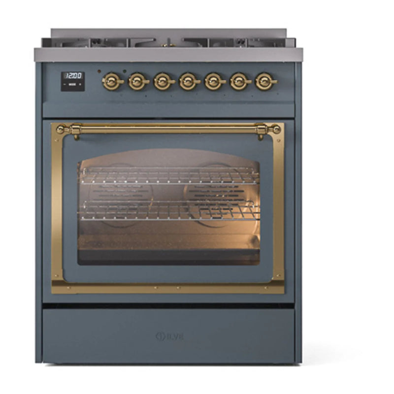 ILVE Nostalgie II Noblesse 30" Dual Fuel Freestanding Range in Blue Grey with Brass Trim, UN30NMPBGG