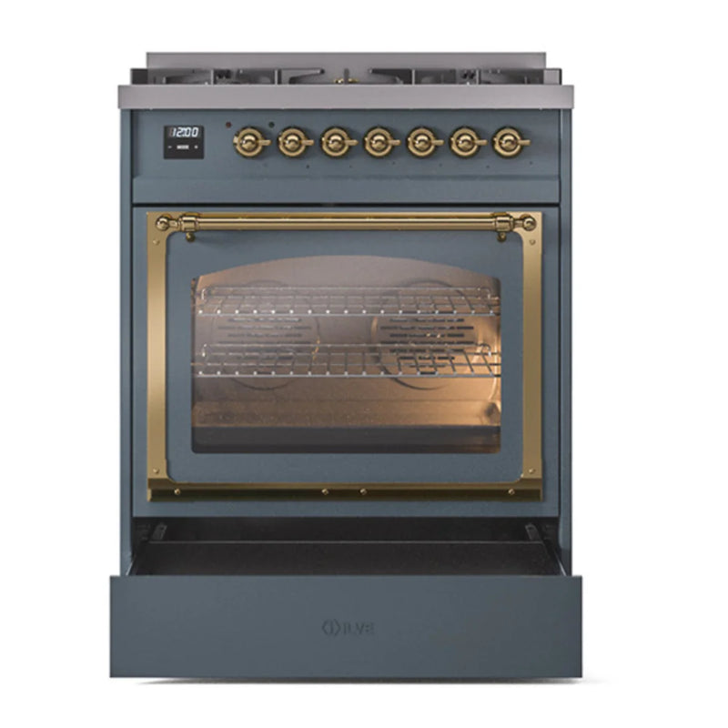 ILVE Nostalgie II Noblesse 30" Dual Fuel Freestanding Range in Blue Grey with Brass Trim, UN30NMPBGG