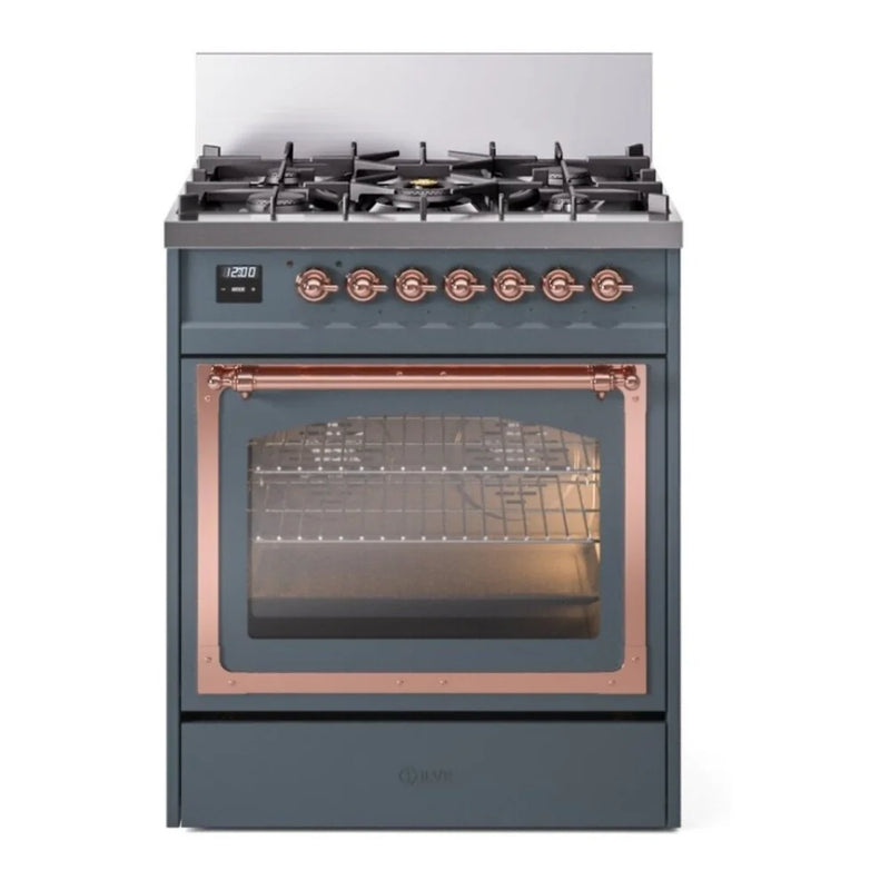 ILVE Nostalgie II Noblesse 30" Dual Fuel Freestanding Range in Blue Grey with Copper Trim, UN30NMPBGPLP