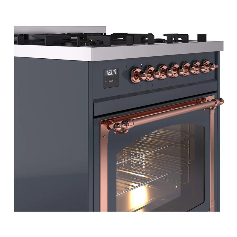 ILVE Nostalgie II Noblesse 30" Dual Fuel Freestanding Range in Blue Grey with Copper Trim, UN30NMPBGPLP