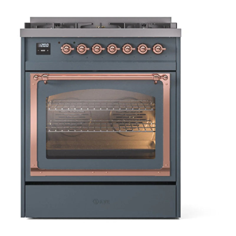 ILVE Nostalgie II Noblesse 30" Dual Fuel Freestanding Range in Blue Grey with Copper Trim, UN30NMPBGP