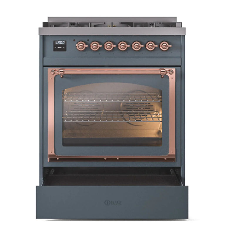 ILVE Nostalgie II Noblesse 30" Dual Fuel Freestanding Range in Blue Grey with Copper Trim, UN30NMPBGP