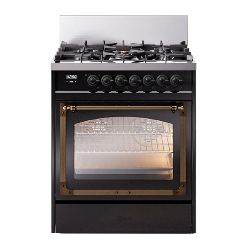 ILVE Nostalgie II Noblesse 30" Dual Fuel Freestanding Range in Glossy Black with Burnished Trim, UN30NMPBKBLP