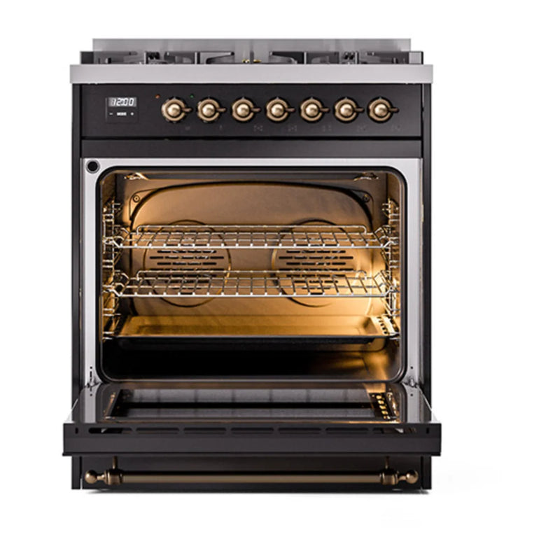 ILVE Nostalgie II Noblesse 30" Dual Fuel Freestanding Range in Glossy Black with Burnished Trim, UN30NMPBKBLP