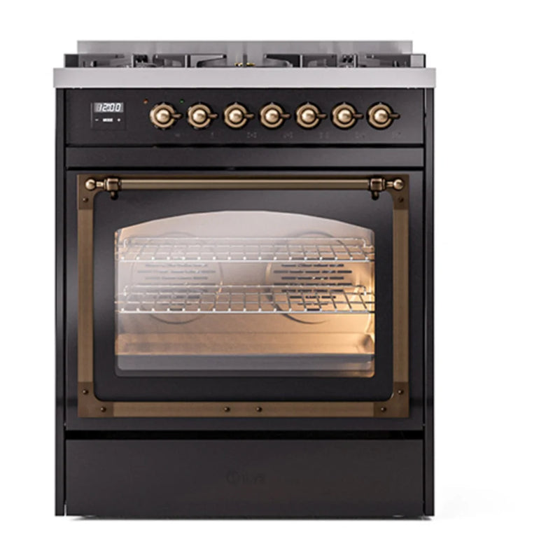 ILVE Nostalgie II Noblesse 30" Dual Fuel Freestanding Range in Glossy Black with Burnished Trim, UN30NMPBKB