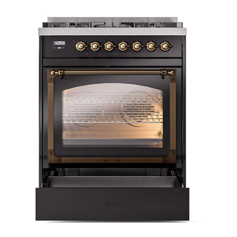 ILVE Nostalgie II Noblesse 30" Dual Fuel Freestanding Range in Glossy Black with Burnished Trim, UN30NMPBKB
