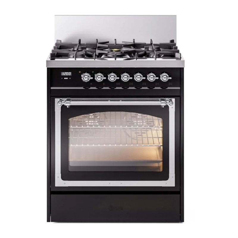 ILVE Nostalgie II Noblesse 30" Dual Fuel Freestanding Range in Glossy Black with Chrome Trim, UN30NMPBKCLP