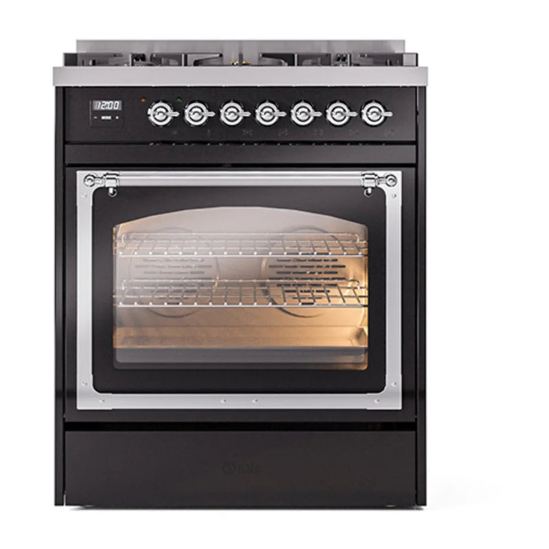 ILVE Nostalgie II Noblesse 30" Dual Fuel Freestanding Range in Glossy Black with Chrome Trim, UN30NMPBKCLP