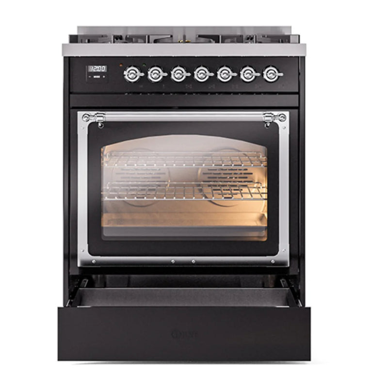 ILVE Nostalgie II Noblesse 30" Dual Fuel Freestanding Range in Glossy Black with Chrome Trim, UN30NMPBKCLP