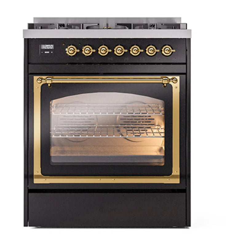 ILVE Nostalgie II Noblesse 30" Dual Fuel Freestanding Range in Glossy Black with Brass Trim, UN30NMPBKGLP