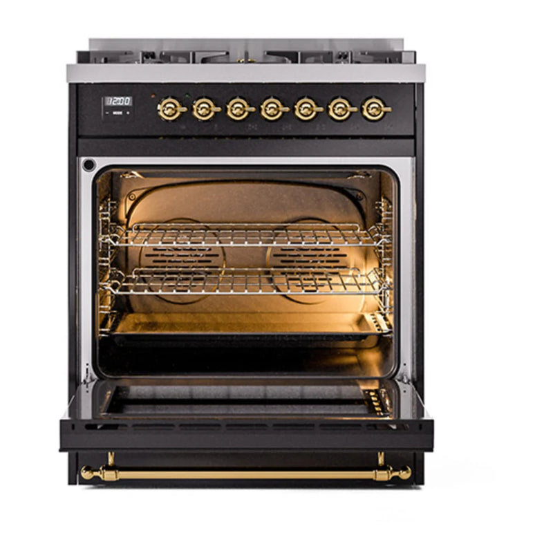 ILVE Nostalgie II Noblesse 30" Dual Fuel Freestanding Range in Glossy Black with Brass Trim, UN30NMPBKG
