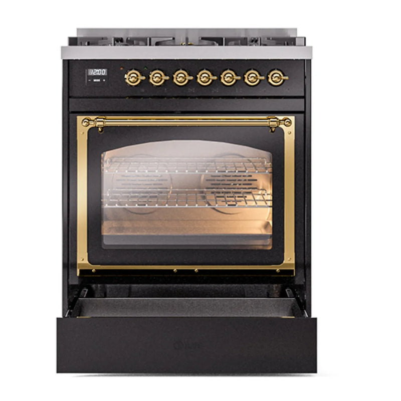 ILVE Nostalgie II Noblesse 30" Dual Fuel Freestanding Range in Glossy Black with Brass Trim, UN30NMPBKG