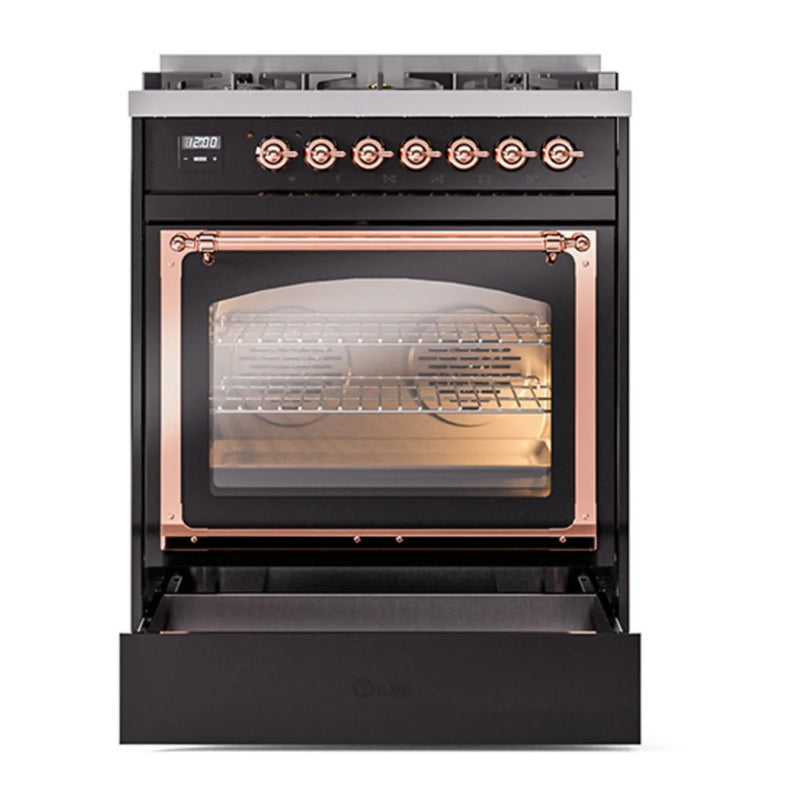 ILVE Nostalgie II Noblesse 30" Dual Fuel Freestanding Range in Glossy Black with Copper Trim, UN30NMPBKPLP