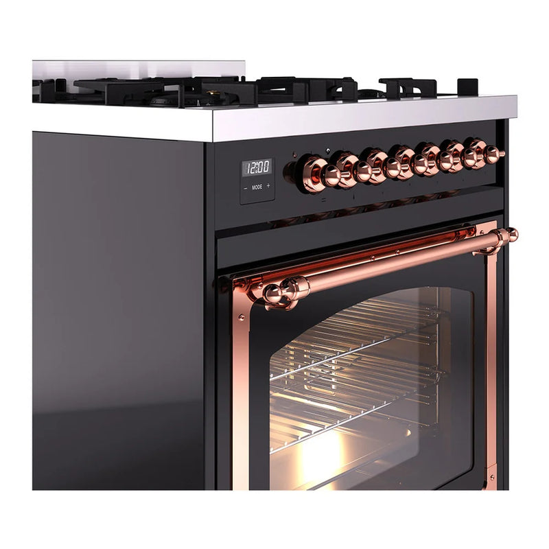 ILVE Nostalgie II Noblesse 30" Dual Fuel Freestanding Range in Glossy Black with Copper Trim, UN30NMPBKPLP