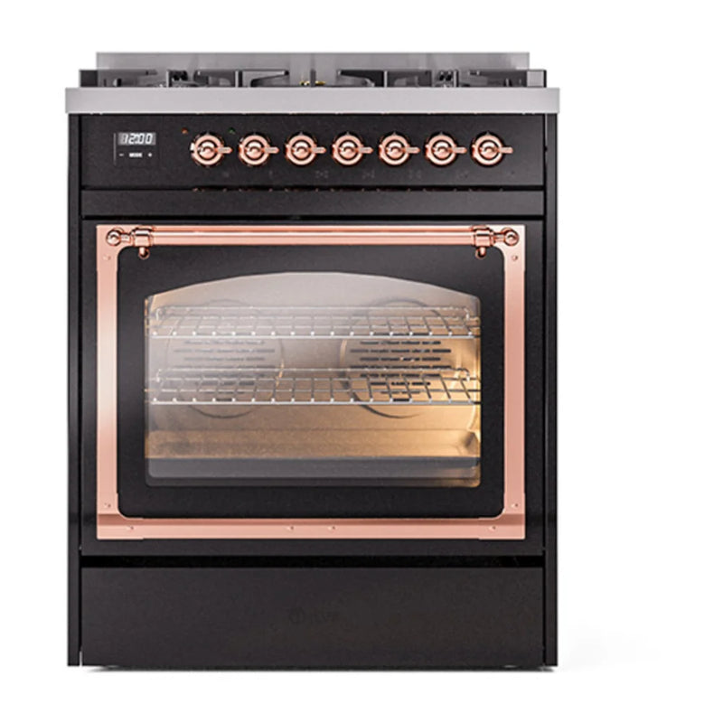 ILVE Nostalgie II Noblesse 30" Dual Fuel Freestanding Range in Glossy Black with Copper Trim, UN30NMPBKP