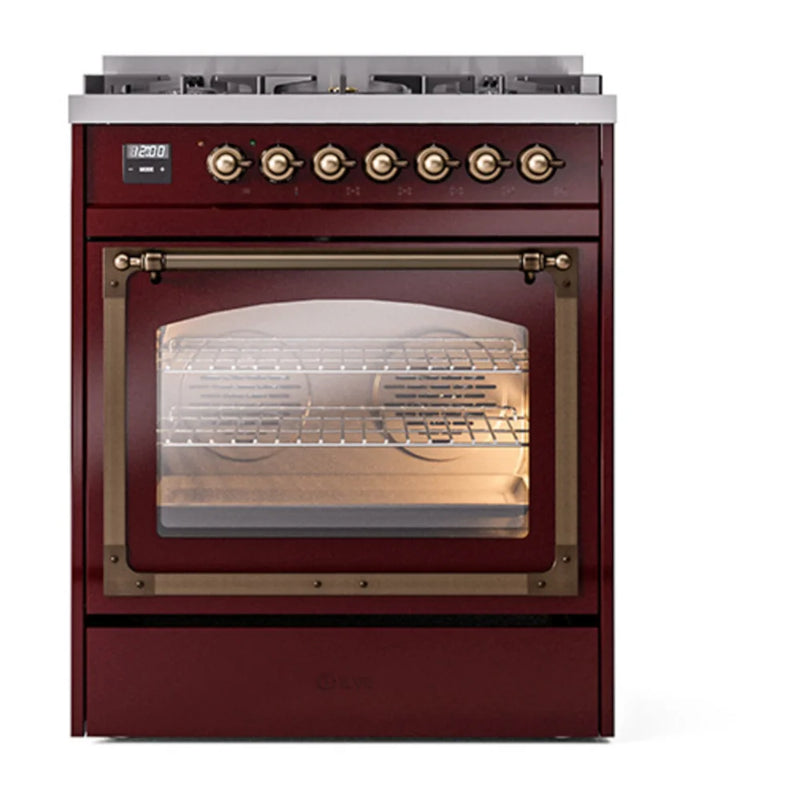 ILVE Nostalgie II Noblesse 30" Dual Fuel Freestanding Range in Burgundy with Burnished Trim, UN30NMPBUBLP