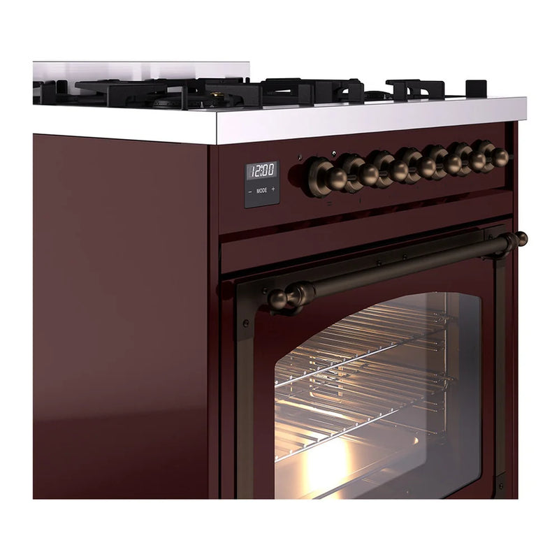 ILVE Nostalgie II Noblesse 30" Dual Fuel Freestanding Range in Burgundy with Burnished Trim, UN30NMPBUBLP