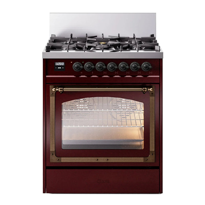 ILVE Nostalgie II Noblesse 30" Dual Fuel Freestanding Range in Burgundy with Burnished Trim, UN30NMPBUB