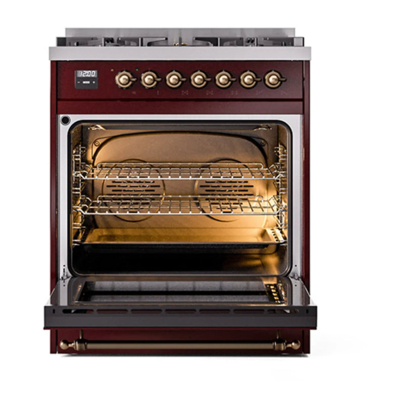 ILVE Nostalgie II Noblesse 30" Dual Fuel Freestanding Range in Burgundy with Burnished Trim, UN30NMPBUB