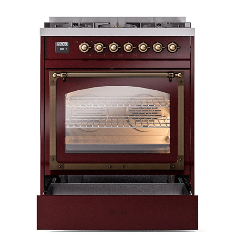 ILVE Nostalgie II Noblesse 30" Dual Fuel Freestanding Range in Burgundy with Burnished Trim, UN30NMPBUB